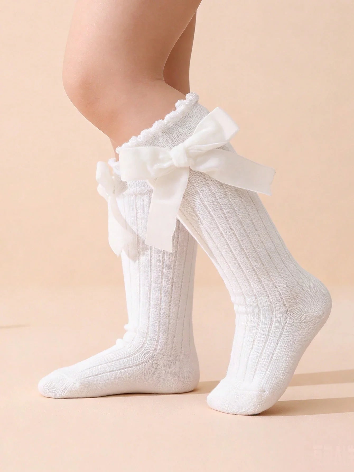 5 Pairs of Kids Knee High Socks with Bowknots Decoration, Cute Soft Breathable Long Striped Socks for Baby Girls Aged 0 - 72 Months - Clothesfassion.store