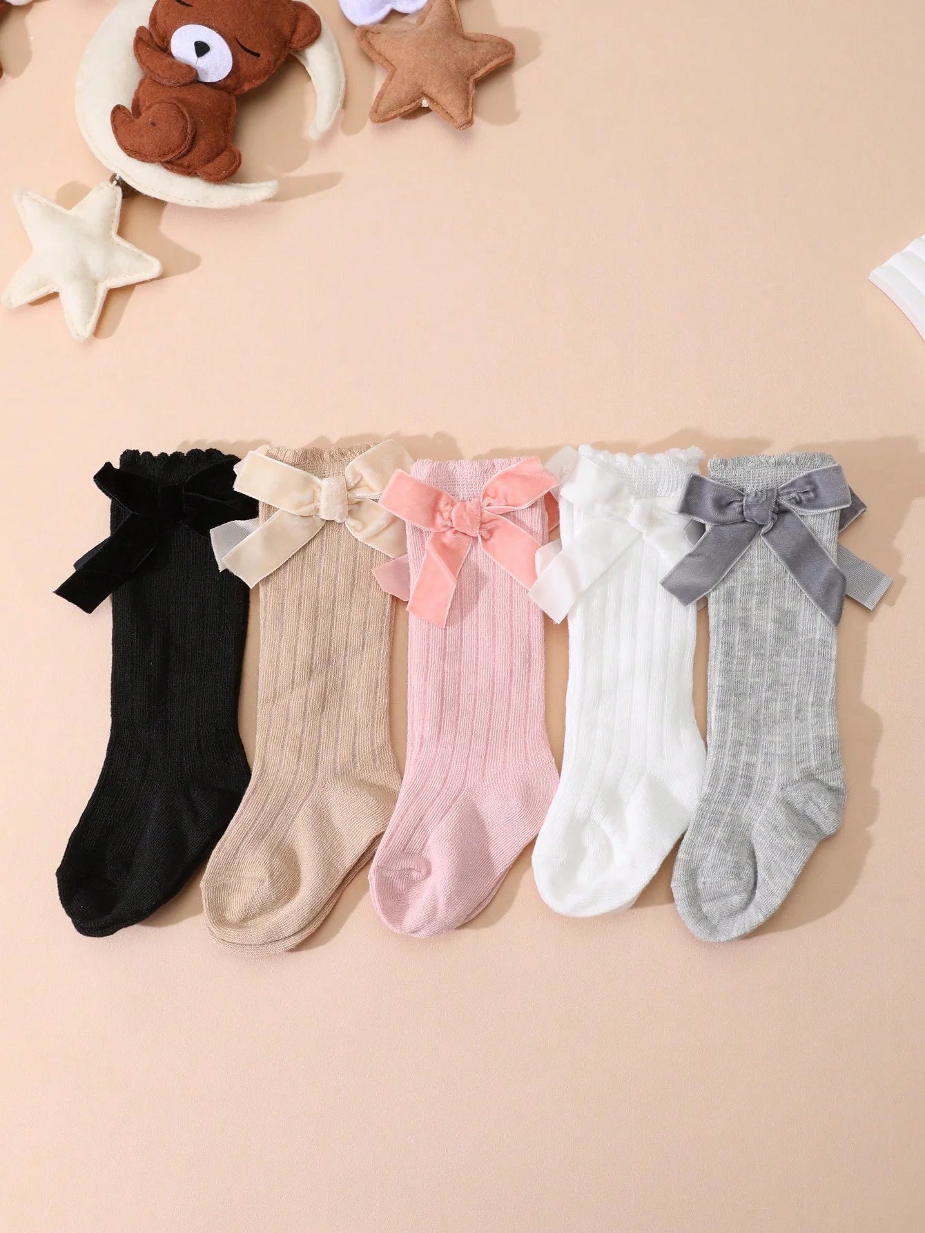 5 Pairs of Kids Knee High Socks with Bowknots Decoration, Cute Soft Breathable Long Striped Socks for Baby Girls Aged 0 - 72 Months - Clothesfassion.store