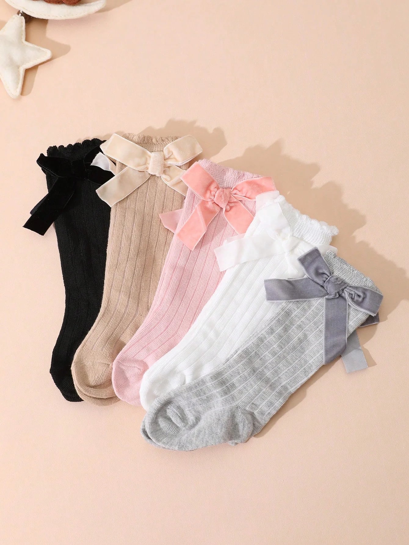 5 Pairs of Kids Knee High Socks with Bowknots Decoration, Cute Soft Breathable Long Striped Socks for Baby Girls Aged 0 - 72 Months - Clothesfassion.store