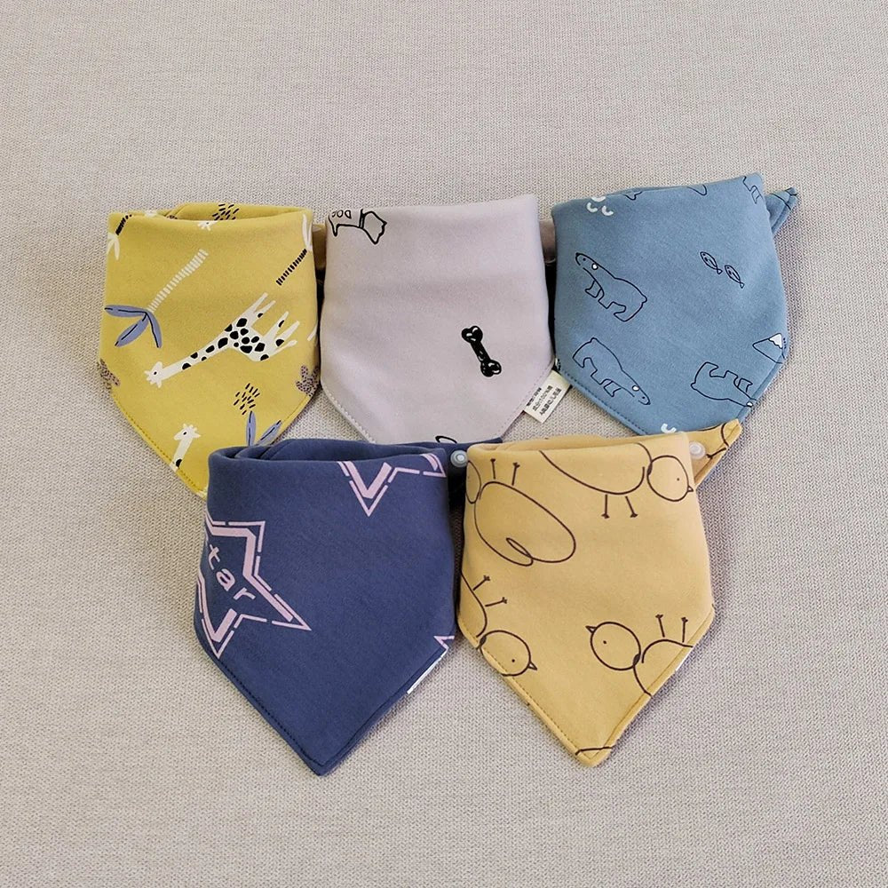 5pcs/lot Baby Bibs Triangle Double Cotton Bibs Cartoon Print Saliva Towel Baby Boys Girls Feeding Apron Cotton Bandana Bibs - Clothesfassion.store