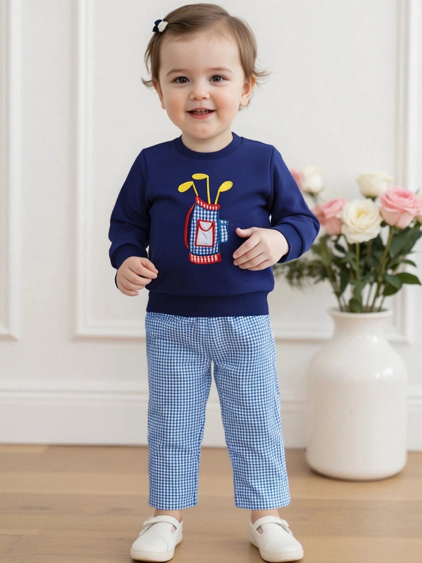 Adorable 2 Piece Autumn Ensemble with Cute Bear Applique Sweatshirt and Cozy Plaid Pants for Baby Boy or Girl Outfit - Clothesfassion.store
