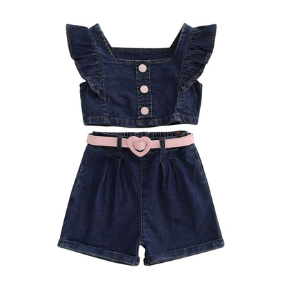 Adorable Baby Girls Summer Outfits Ruffle Sleeve Denim Blouse and Elastic Waist Denim Shorts with Belt - Fashionable Matching - Clothesfassion.store
