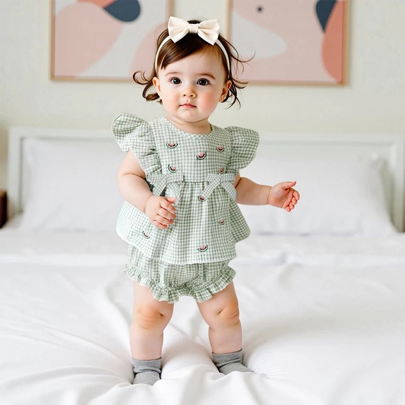 Adorable Infant Girl s Summer Ensemble with Cute Watermelon Embroidered Plaid Flutter Sleeve Blouse and Matching Shorts 2 - Clothesfassion.store
