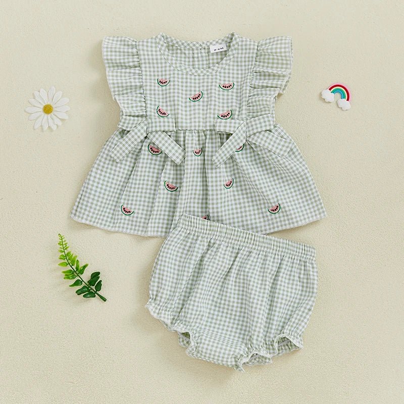 Adorable Infant Girl s Summer Ensemble with Cute Watermelon Embroidered Plaid Flutter Sleeve Blouse and Matching Shorts 2 - Clothesfassion.store