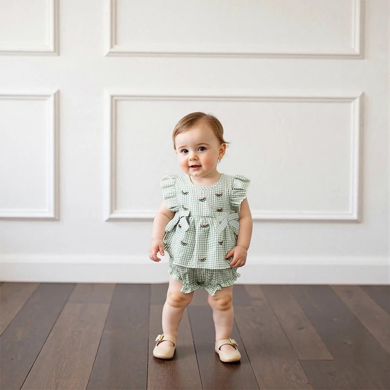 Adorable Infant Girl s Summer Ensemble with Cute Watermelon Embroidered Plaid Flutter Sleeve Blouse and Matching Shorts 2 - Clothesfassion.store