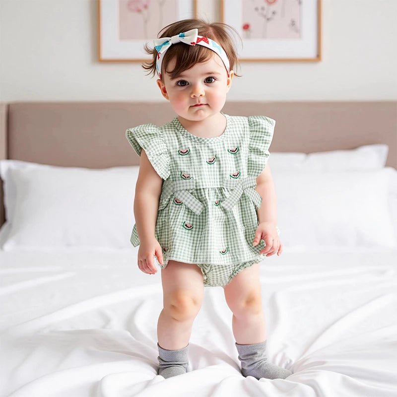 Adorable Infant Girl s Summer Ensemble with Cute Watermelon Embroidered Plaid Flutter Sleeve Blouse and Matching Shorts 2 - Clothesfassion.store