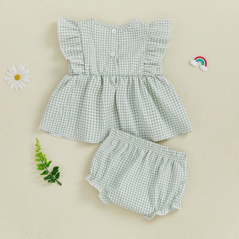 Adorable Infant Girl s Summer Ensemble with Cute Watermelon Embroidered Plaid Flutter Sleeve Blouse and Matching Shorts 2 - Clothesfassion.store