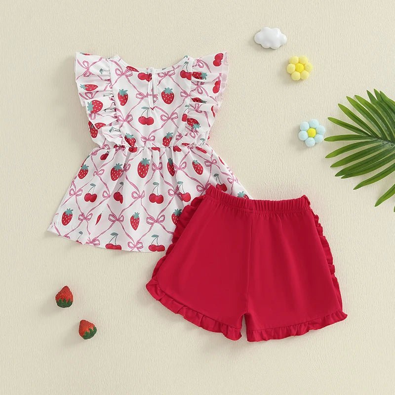 Adorable Infant Girl Sunsuit Watermelon Patterned Flutter Sleeve Blouse with Matching Shorts 2 Piece Ensemble - Clothesfassion.store