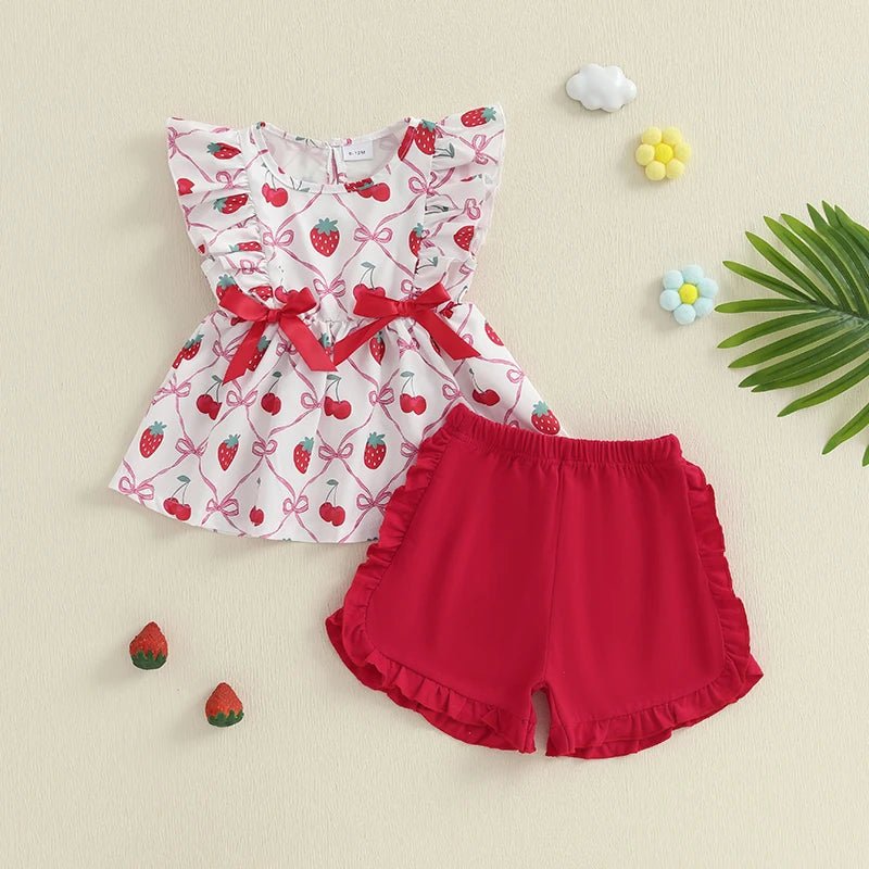 Adorable Infant Girl Sunsuit Watermelon Patterned Flutter Sleeve Blouse with Matching Shorts 2 Piece Ensemble - Clothesfassion.store