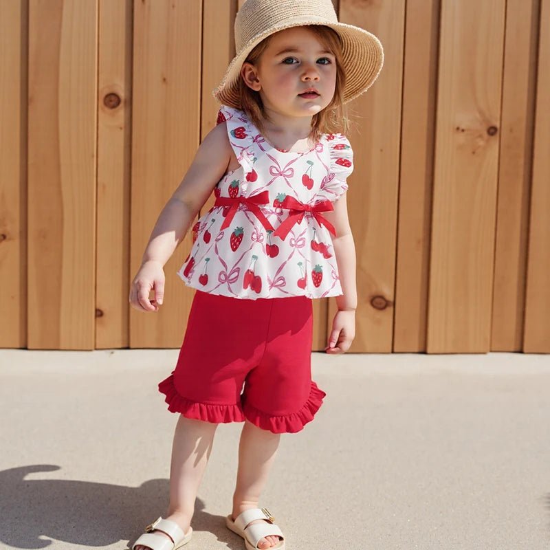 Adorable Infant Girl Sunsuit Watermelon Patterned Flutter Sleeve Blouse with Matching Shorts 2 Piece Ensemble - Clothesfassion.store