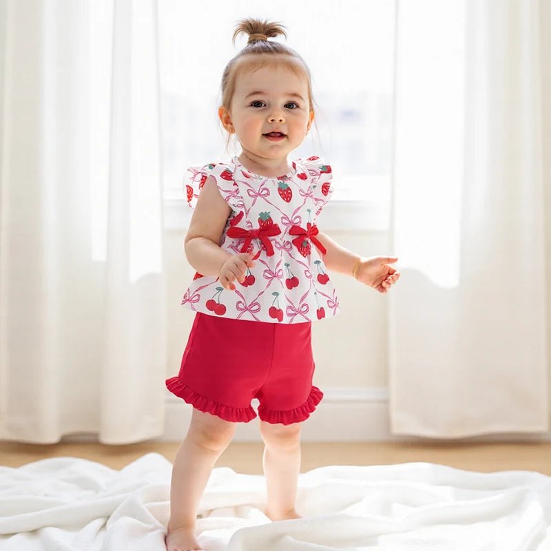 Adorable Infant Girl Sunsuit Watermelon Patterned Flutter Sleeve Blouse with Matching Shorts 2 Piece Ensemble - Clothesfassion.store