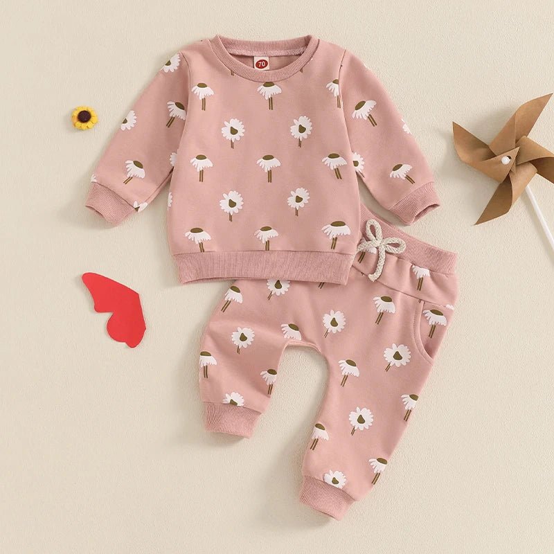 Adorable Toddler Girls Floral Print Matching Set with Long Sleeve Sweatshirt Round Neck Pockets and Long Pants - Cute Spring - Clothesfassion.store