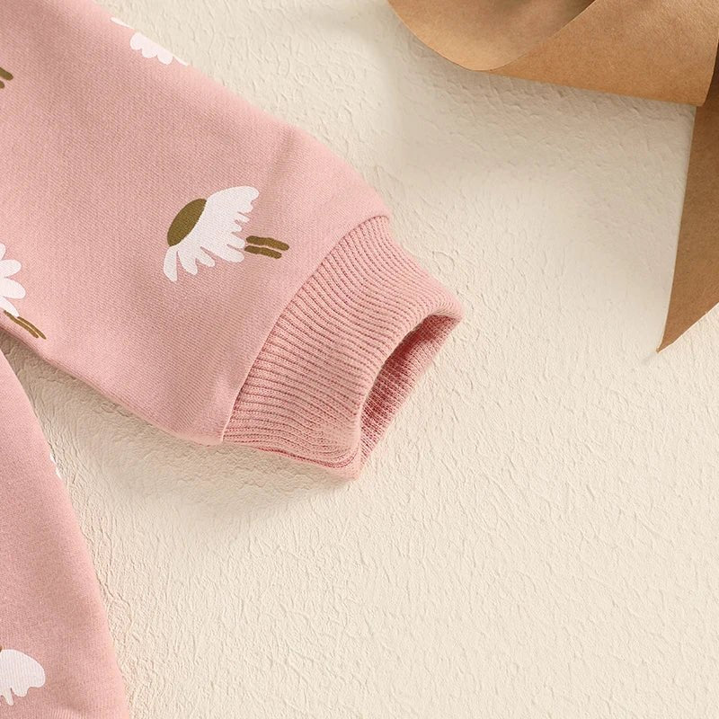 Adorable Toddler Girls Floral Print Matching Set with Long Sleeve Sweatshirt Round Neck Pockets and Long Pants - Cute Spring - Clothesfassion.store