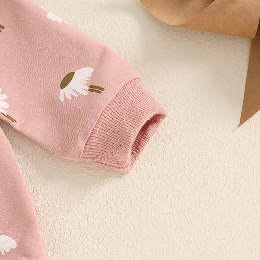 Adorable Toddler Girls Floral Print Matching Set with Long Sleeve Sweatshirt Round Neck Pockets and Long Pants - Cute Spring - Clothesfassion.store