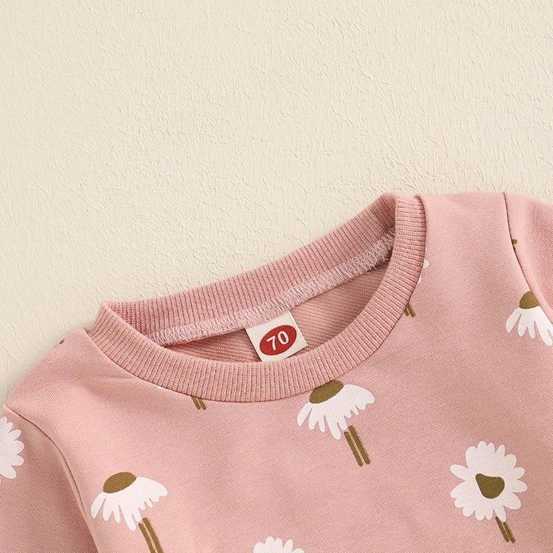 Adorable Toddler Girls Floral Print Matching Set with Long Sleeve Sweatshirt Round Neck Pockets and Long Pants - Cute Spring - Clothesfassion.store