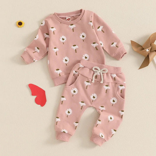 Adorable Toddler Girls Floral Print Matching Set with Long Sleeve Sweatshirt Round Neck Pockets and Long Pants - Cute Spring - Clothesfassion.store