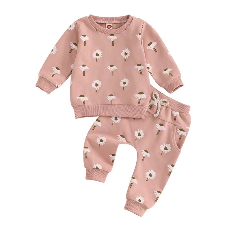 Adorable Toddler Girls Floral Print Matching Set with Long Sleeve Sweatshirt Round Neck Pockets and Long Pants - Cute Spring - Clothesfassion.store