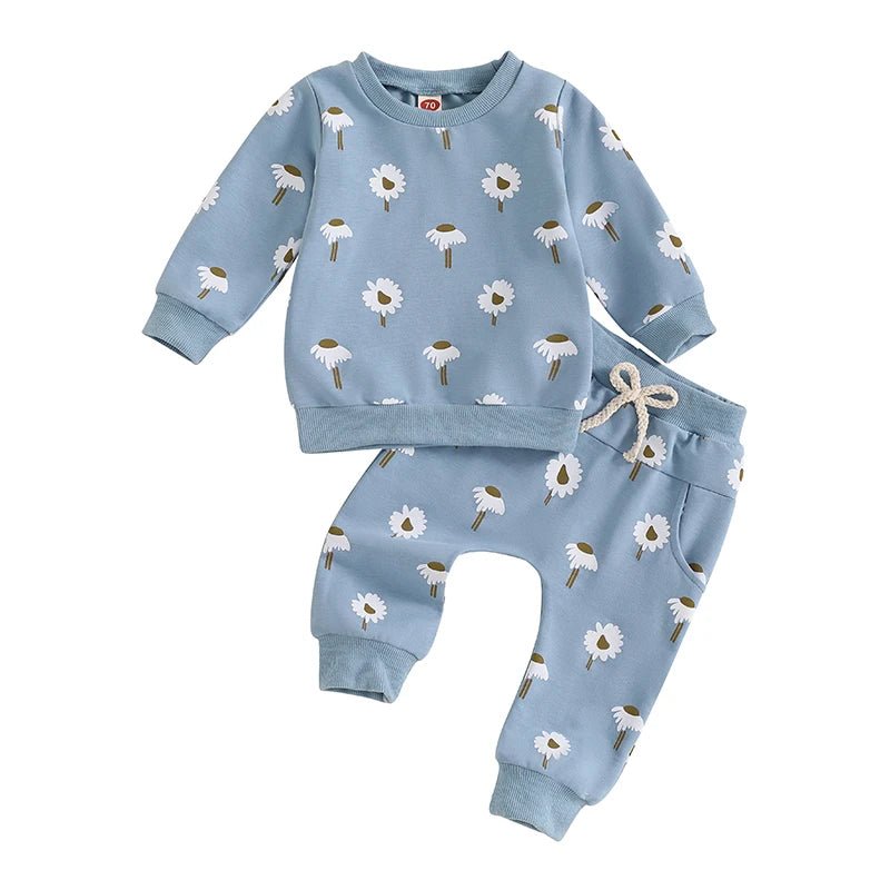 Adorable Toddler Girls Floral Print Matching Set with Long Sleeve Sweatshirt Round Neck Pockets and Long Pants - Cute Spring - Clothesfassion.store