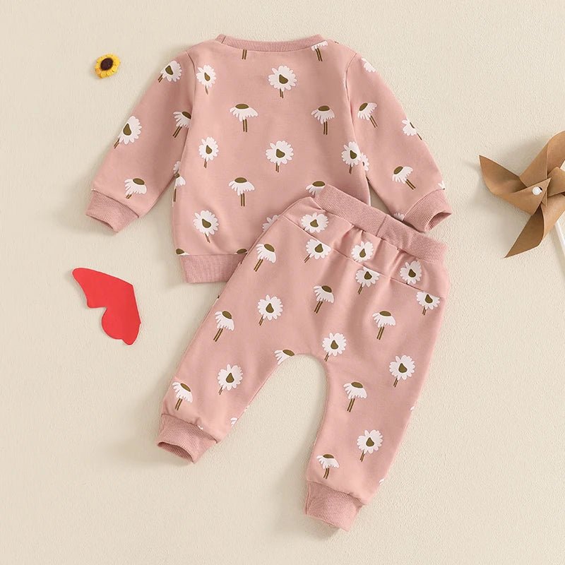 Adorable Toddler Girls Floral Print Matching Set with Long Sleeve Sweatshirt Round Neck Pockets and Long Pants - Cute Spring - Clothesfassion.store