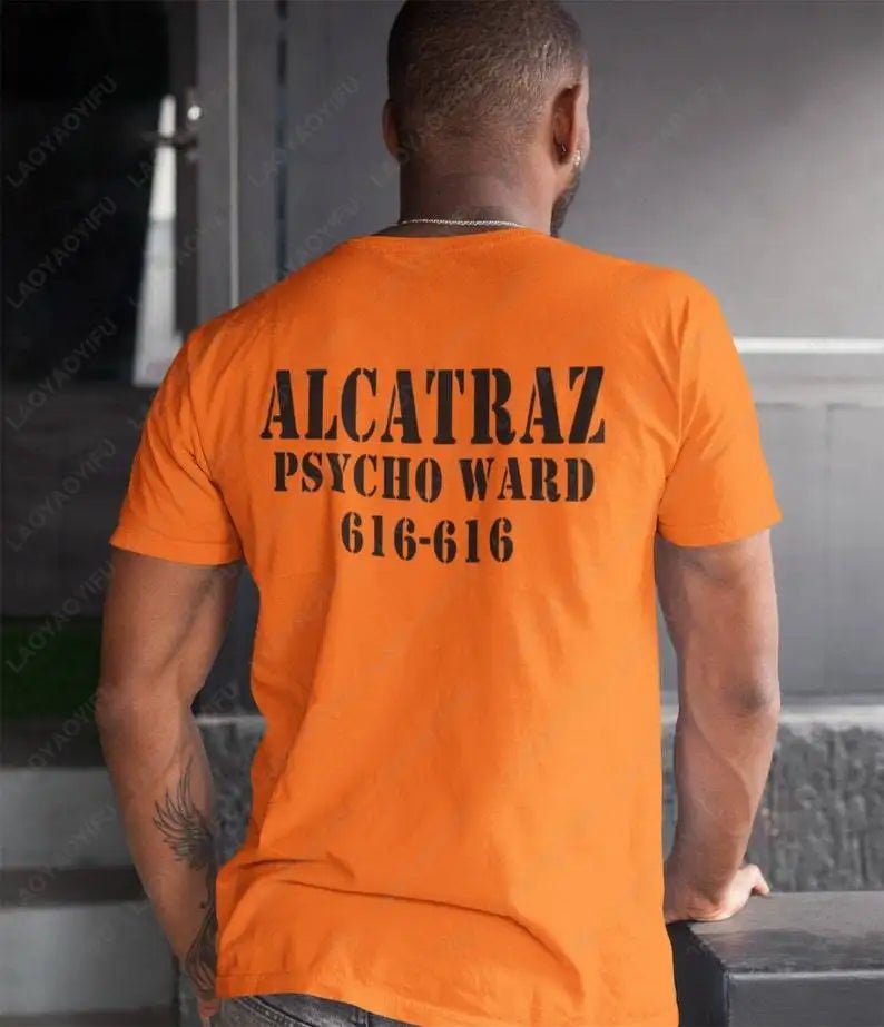 Alcatraz Psycho Ward T-Shirt Prisoner Halloween Orange Tees Costume Halloween Outfit for Men Convict Summer Casual Cotton Tops - Clothesfassion.store