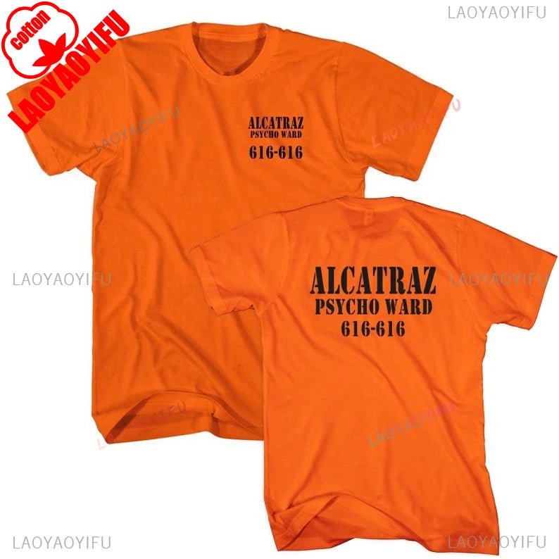 Alcatraz Psycho Ward T-Shirt Prisoner Halloween Orange Tees Costume Halloween Outfit for Men Convict Summer Casual Cotton Tops - Clothesfassion.store