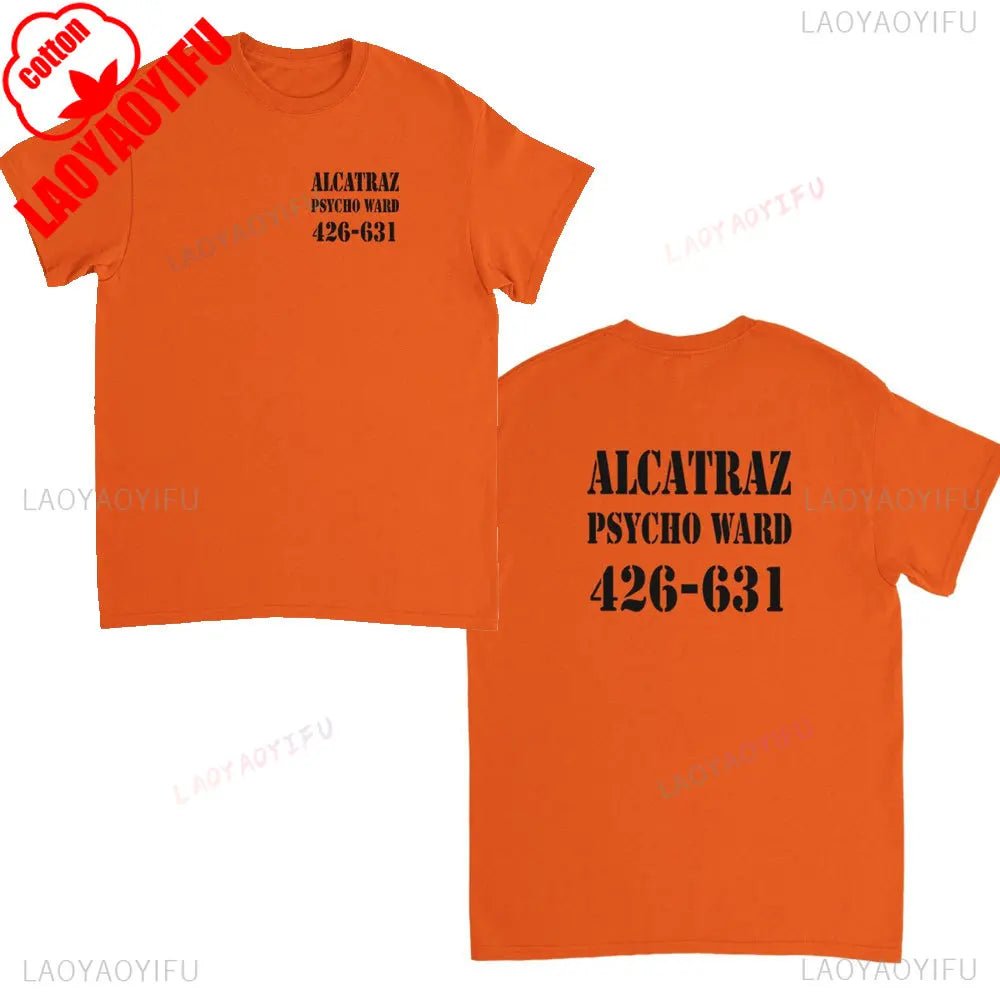Alcatraz Psycho Ward T-Shirt Prisoner Halloween Orange Tees Costume Halloween Outfit for Men Convict Summer Casual Cotton Tops - Clothesfassion.store