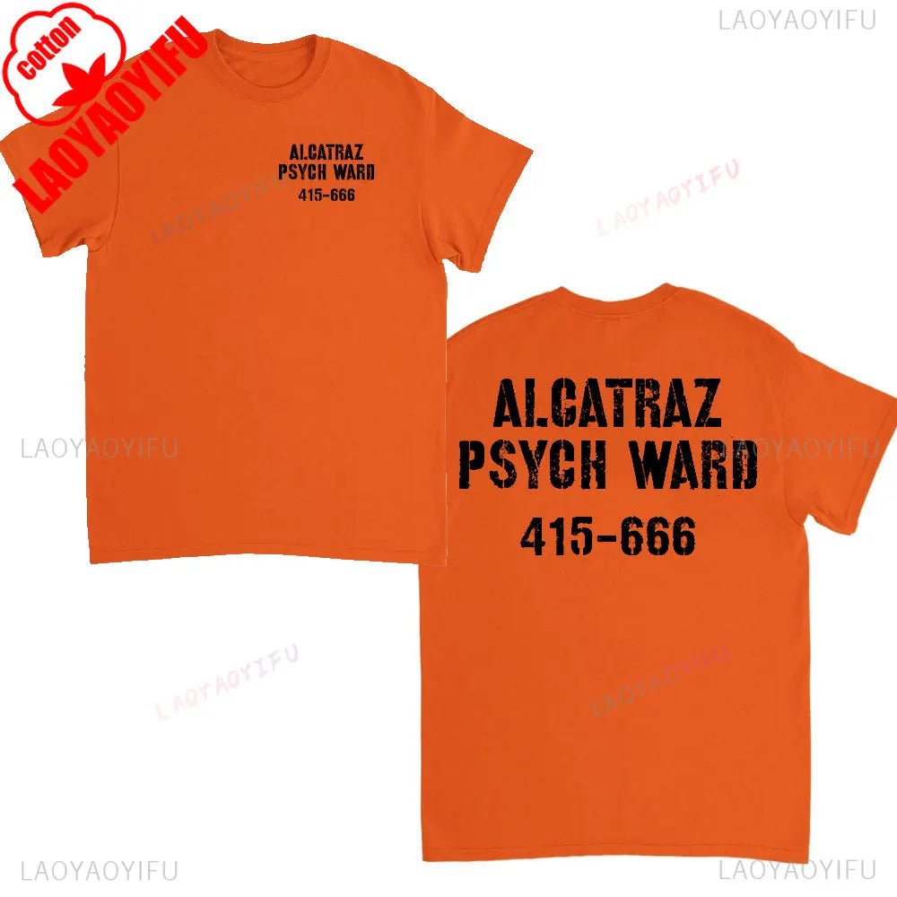 Alcatraz Psycho Ward T-Shirt Prisoner Halloween Orange Tees Costume Halloween Outfit for Men Convict Summer Casual Cotton Tops - Clothesfassion.store