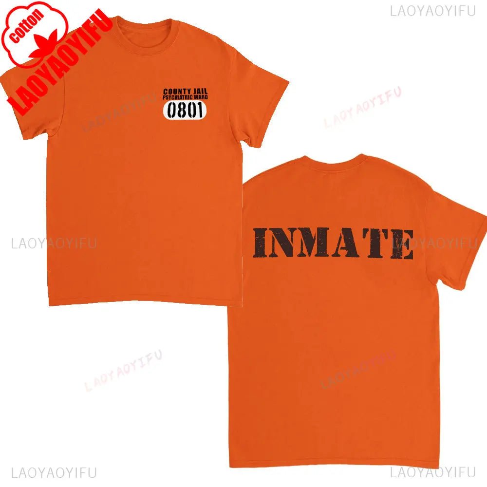 Alcatraz Psycho Ward T-Shirt Prisoner Halloween Orange Tees Costume Halloween Outfit for Men Convict Summer Casual Cotton Tops - Clothesfassion.store