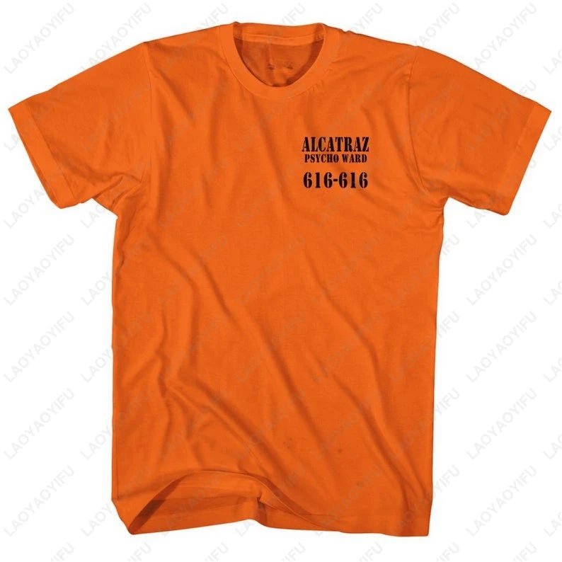 Alcatraz Psycho Ward T-Shirt Prisoner Halloween Orange Tees Costume Halloween Outfit for Men Convict Summer Casual Cotton Tops - Clothesfassion.store