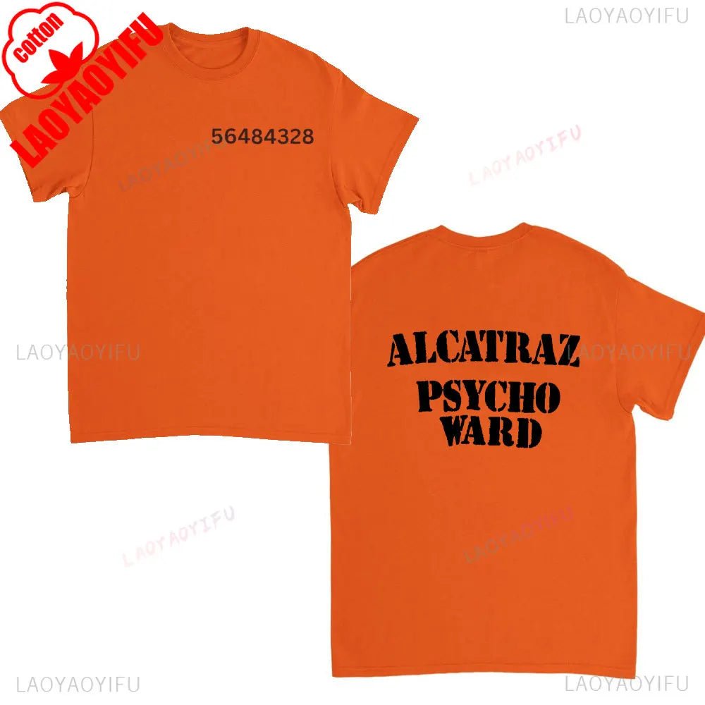 Alcatraz Psycho Ward T-Shirt Prisoner Halloween Orange Tees Costume Halloween Outfit for Men Convict Summer Casual Cotton Tops - Clothesfassion.store