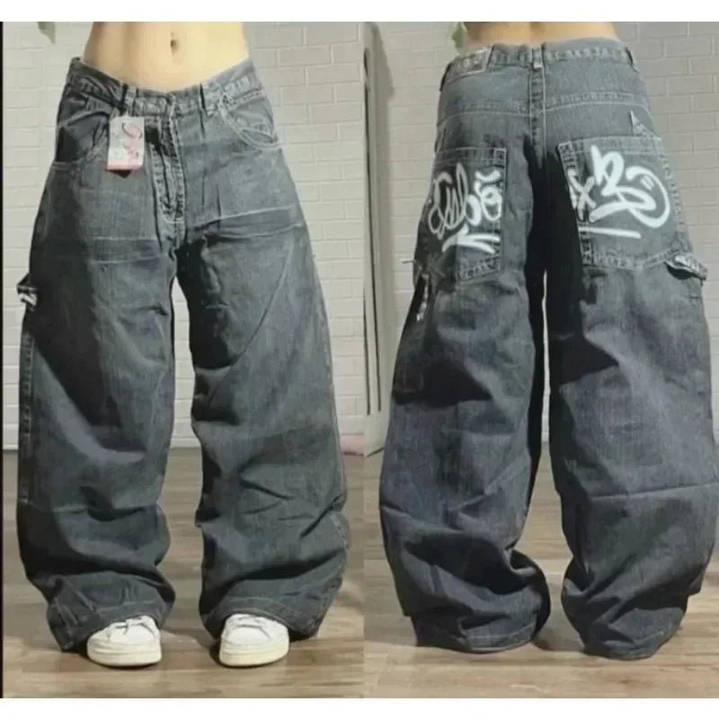 American Hip - hop Retro Loose Jeans Women's Y2K New Tide Harajuku High Waist Wide leg Pants Gothic Wide Pants Street Pants Male - Clothesfassion.store