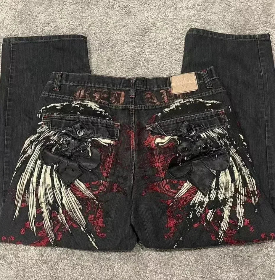 American Hip - hop Retro Loose Jeans Women's Y2K New Tide Harajuku High Waist Wide leg Pants Gothic Wide Pants Street Pants Male - Clothesfassion.store