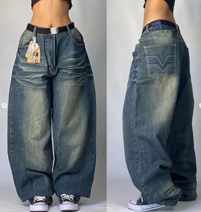 American Hip - hop Retro Loose Jeans Women's Y2K New Tide Harajuku High Waist Wide leg Pants Gothic Wide Pants Street Pants Male - Clothesfassion.store