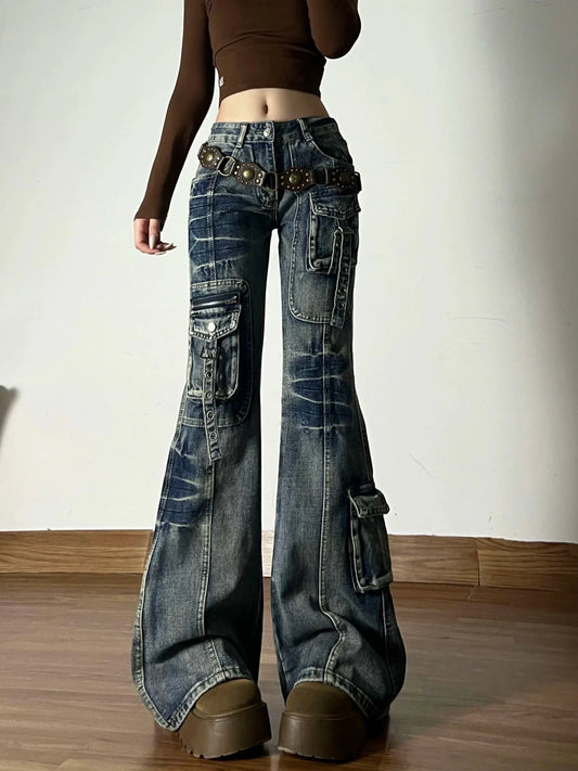 American Vintage Street Style Y2K Jeans Women's High - street Multi - pocket Cargo Flared Floor - grazing Jeans Casual Punk Long Pants - Clothesfassion.store