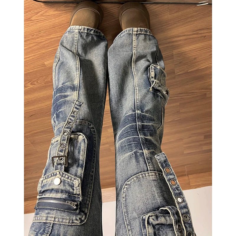 American Vintage Street Style Y2K Jeans Women's High - street Multi - pocket Cargo Flared Floor - grazing Jeans Casual Punk Long Pants - Clothesfassion.store