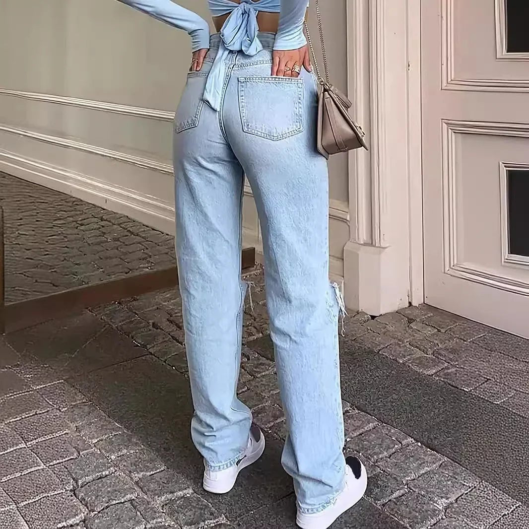 Ankle Length Ripped Holes Jean Straight Jeans Women High Waist Denim Pants Loose Washed Distressed Zipper Fly Streetwear - Clothesfassion.store