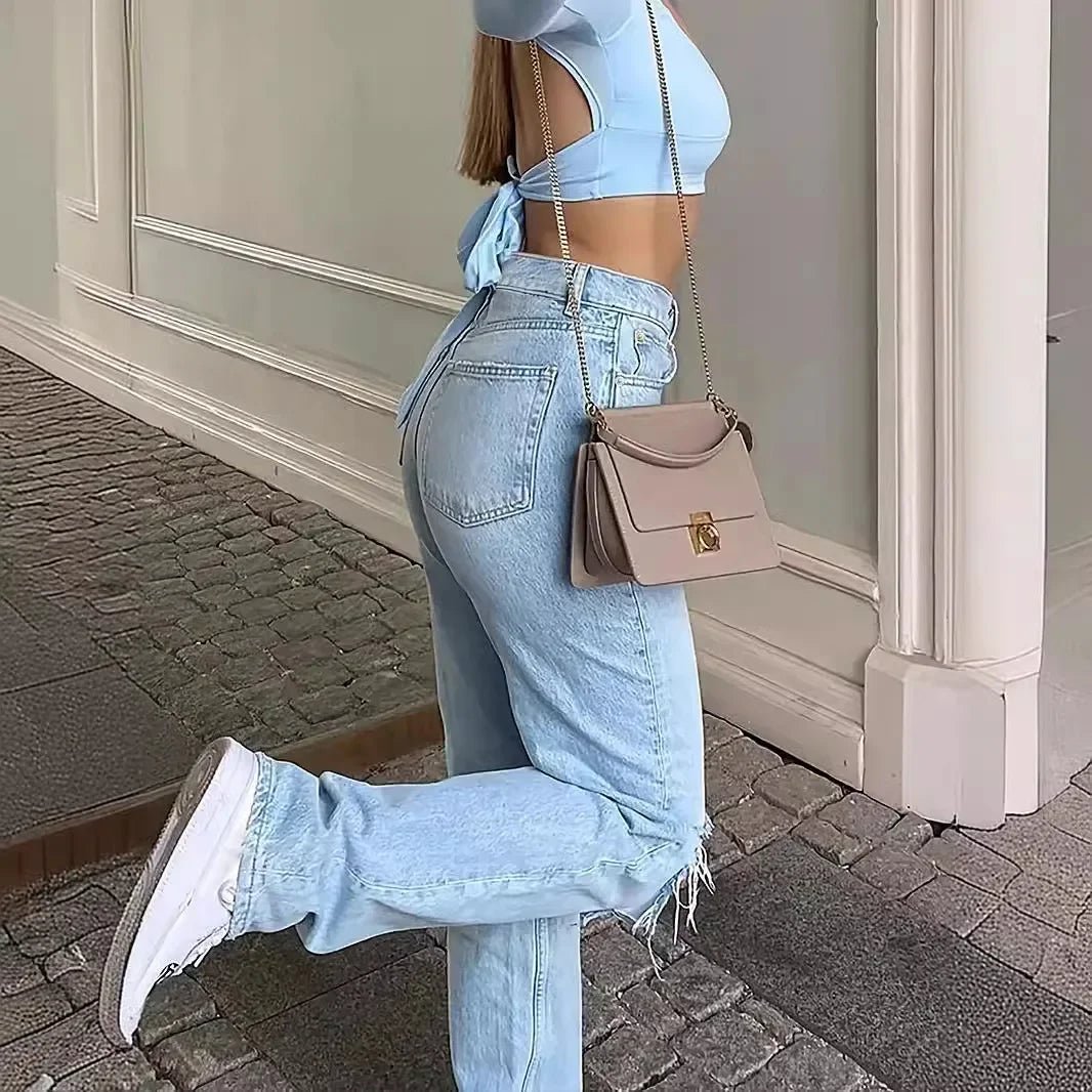Ankle Length Ripped Holes Jean Straight Jeans Women High Waist Denim Pants Loose Washed Distressed Zipper Fly Streetwear - Clothesfassion.store