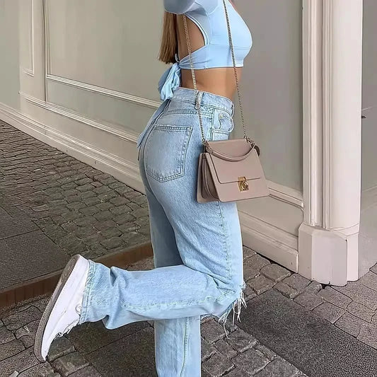 Ankle Length Ripped Holes Jean Straight Jeans Women High Waist Denim Pants Loose Washed Distressed Zipper Fly Streetwear - Clothesfassion.store