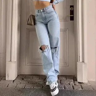 Ankle Length Ripped Holes Jean Straight Jeans Women High Waist Denim Pants Loose Washed Distressed Zipper Fly Streetwear - Clothesfassion.store