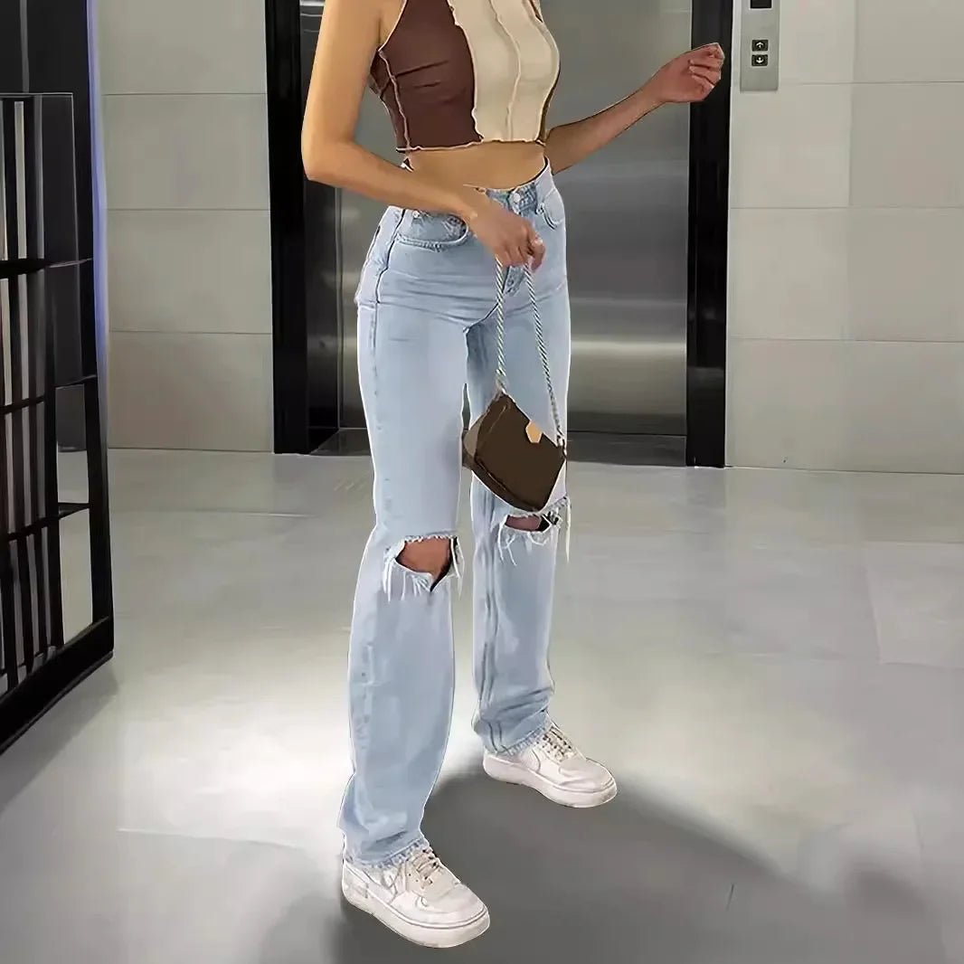 Ankle Length Ripped Holes Jean Straight Jeans Women High Waist Denim Pants Loose Washed Distressed Zipper Fly Streetwear - Clothesfassion.store