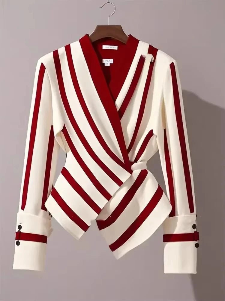 Autumn High end Luxury Long Sleeve Shirt for Women Unique Chic Korean Style V - neck Slimminng Commuter Striped Blosues Women Tops - Clothesfassion.store