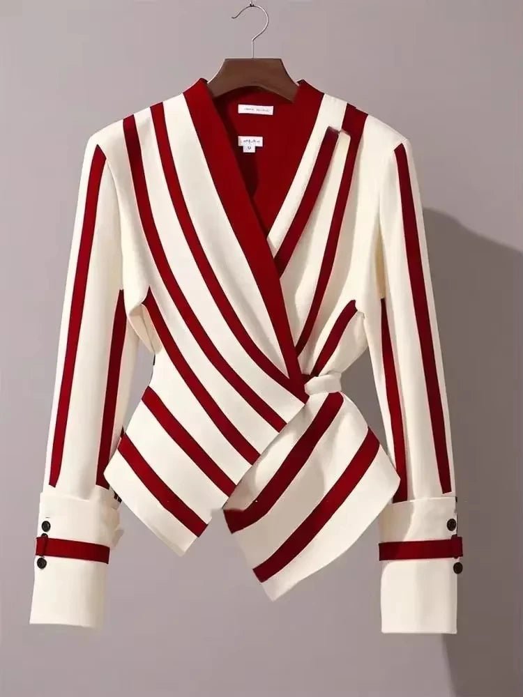 Autumn High end Luxury Long Sleeve Shirt for Women Unique Chic Korean Style V - neck Slimminng Commuter Striped Blosues Women Tops - Clothesfassion.store