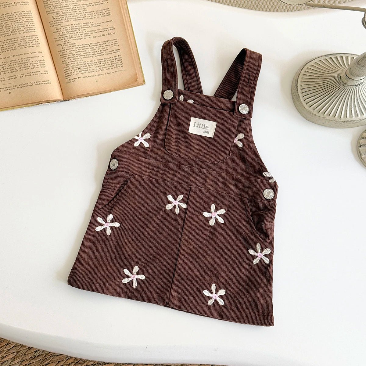 Autumn New Cute and Simple Baby Corduroy Flower EmbroideryStrap Skirt Lace Edge Pocket Lace Strap Newborn Baby Girls Clothes - Clothesfassion.store