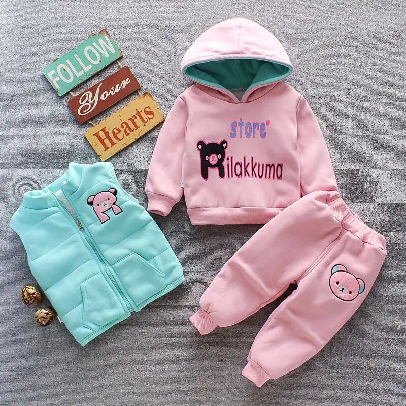 Autumn Winter Baby Boys Clothes Sets Thick Fleece Cartoon Bear Jacket Vest Pants 3Pcs Cotton Sport Suit For Girls Warm Outfits - Clothesfassion.store