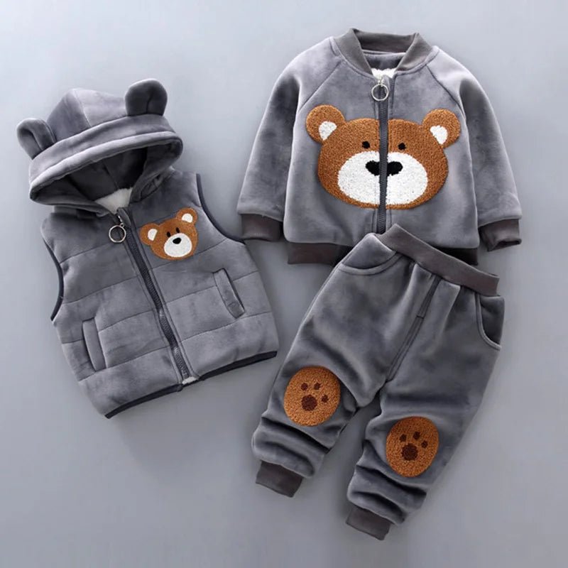 Autumn Winter Baby Boys Clothes Sets Thick Fleece Cartoon Bear Jacket Vest Pants 3Pcs Cotton Sport Suit For Girls Warm Outfits - Clothesfassion.store