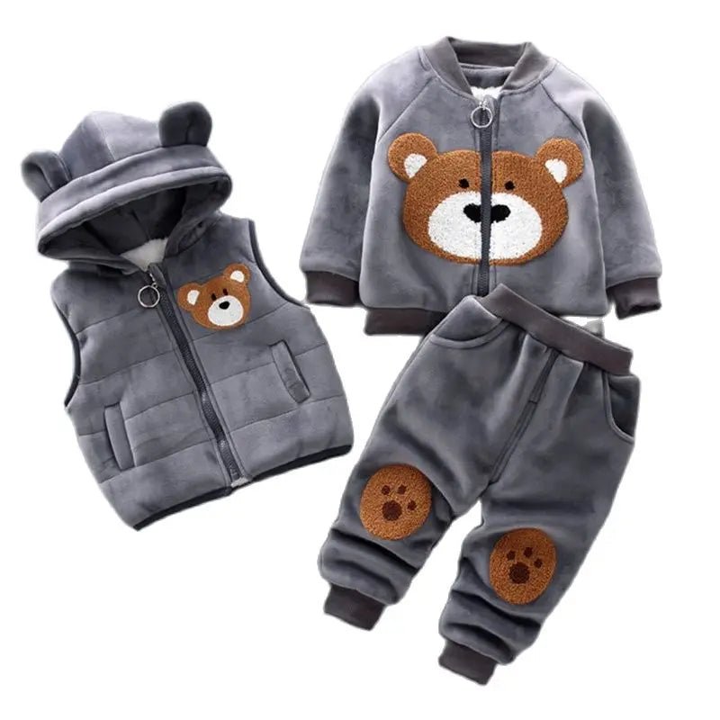 Autumn Winter Baby Boys Clothes Sets Thick Fleece Cartoon Bear Jacket Vest Pants 3Pcs Cotton Sport Suit For Girls Warm Outfits - Clothesfassion.store