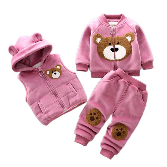 Autumn Winter Baby Boys Clothes Sets Thick Fleece Cartoon Bear Jacket Vest Pants 3Pcs Cotton Sport Suit For Girls Warm Outfits - Clothesfassion.store