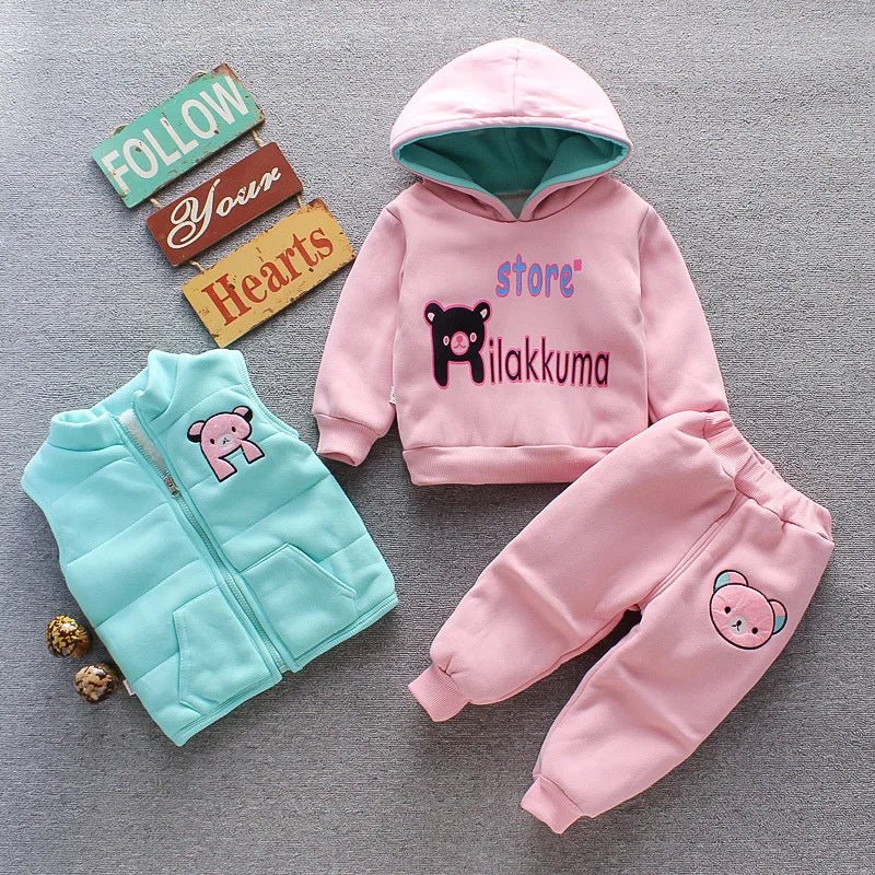 Autumn Winter Baby Boys Clothes Sets Thick Fleece Cartoon Bear Jacket Vest Pants 3Pcs Cotton Sport Suit For Girls Warm Outfits - Clothesfassion.store