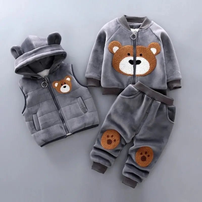 Autumn Winter Baby Boys Clothes Sets Thick Fleece Cartoon Bear Jacket Vest Pants 3Pcs Cotton Sport Suit For Girls Warm Outfits - Clothesfassion.store