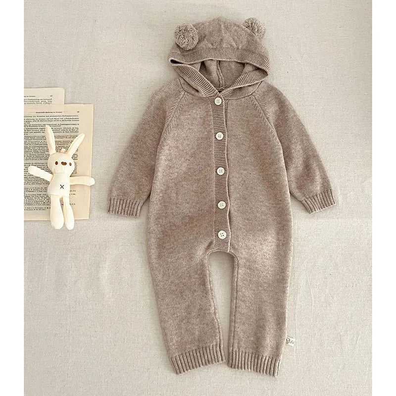 Autumn Winter Newborn Baby Boys Girl Knitted Jumpsuit Solid Color Knitting Hooded Infant Baby Bodysuits Children Knitted Clothes - Clothesfassion.store